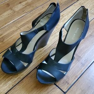 NEW Nine West black leather platform wedges
